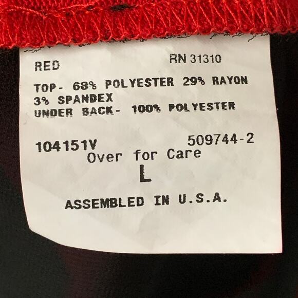 A. Byer Red and Black Blouse Split Back High Low Hem Lace Sleeve Size L - Picture 11 of 16